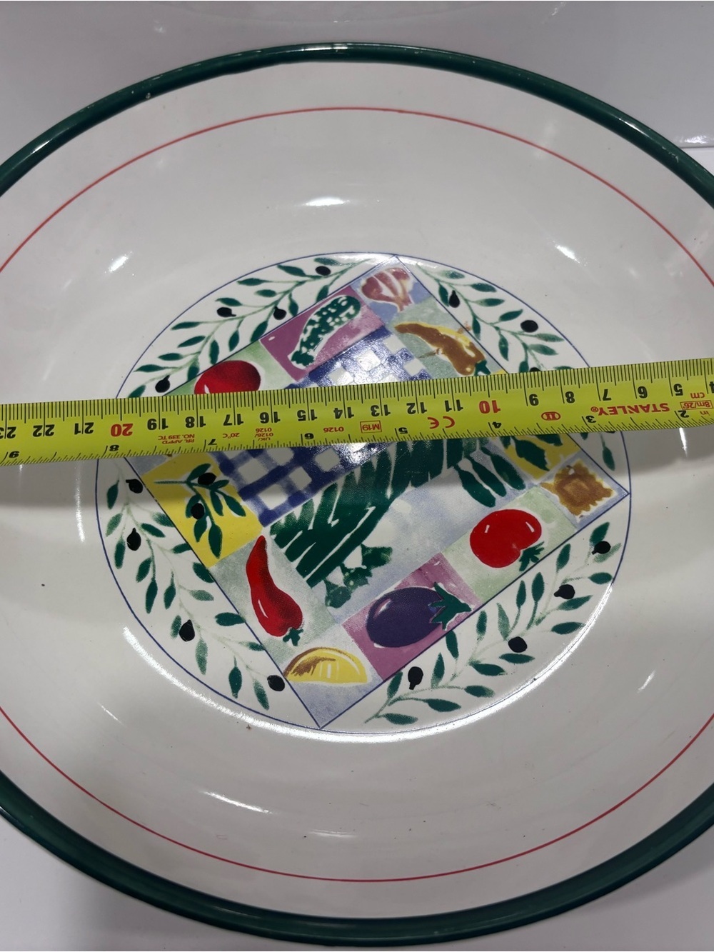 Country side  Hand-Painted White Ceramic Serving Bowl with Green Rim 11” - Picture 5 of 5